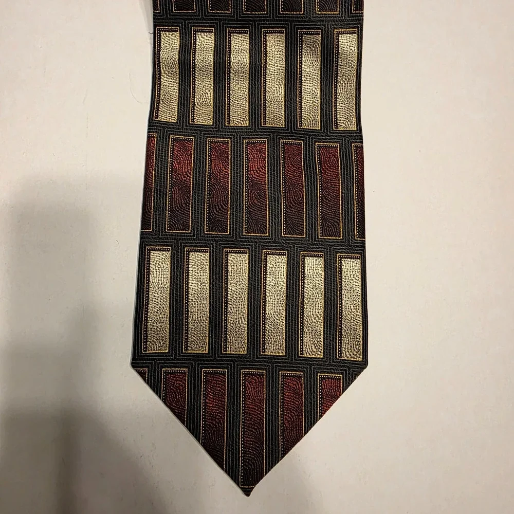 Mosaic Mens Silk Necktie Black Gold Burgundy Geometric Rectangular Hand Made Tie